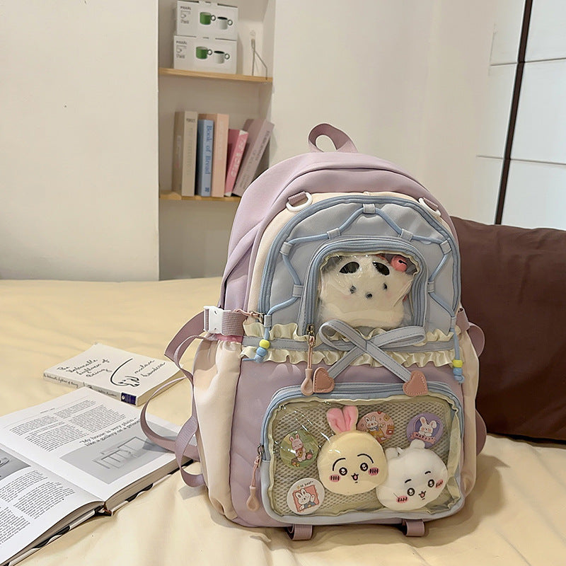 New Style Schoolbag Women's High Color Value Contrast College Style Junior Senior high school Student Backpack Ballet Style Pleated Lace Pain Bag