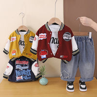 Boys' sports suit, spring and autumn 2026 new model, children's Korean-style letter graffiti baseball jacket three-piece set, trendy for boys
