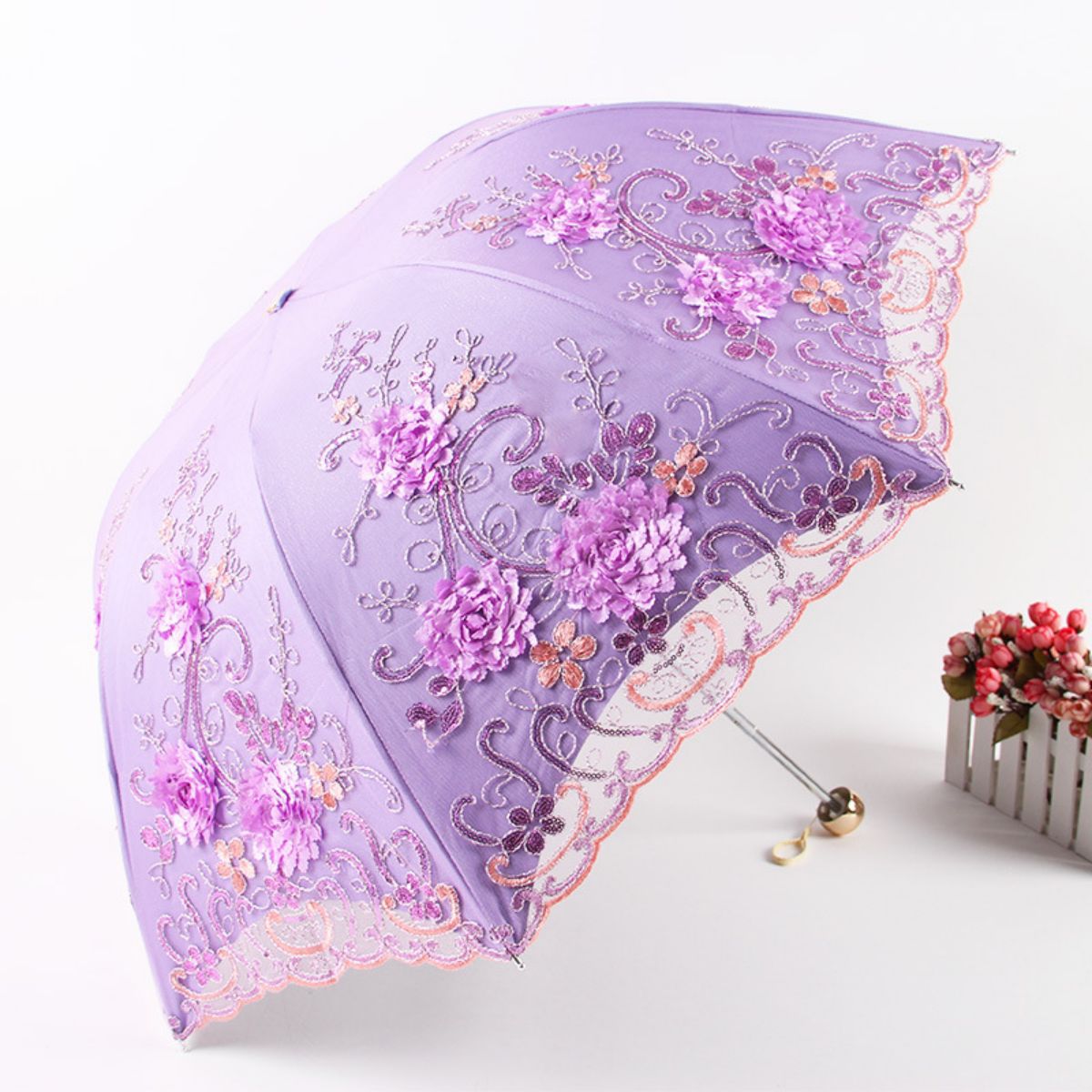 TEMU cross-border for manufacturers folding vintage embroidered lace double vinyl three-fold umbrella wedding umbrella