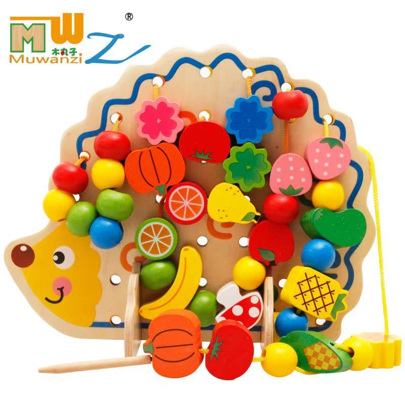 Wooden Hedgehog Bead Stringing Toy for Babies, Early Education Educational Stringing Fruit Blocks for Children Aged 3-6