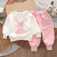 Free shipping Yikids girls' spring new baby girls' cartoon cute rabbit sweater long-sleeved trousers two-piece suit