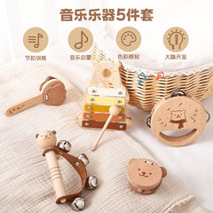 Baby music playing piano early education educational hearing exercise appease beech bite molars wooden rattle toy suit