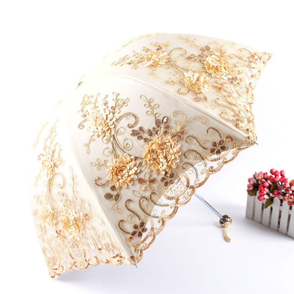 TEMU cross-border for manufacturers folding vintage embroidered lace double vinyl three-fold umbrella wedding umbrella