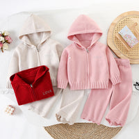 Children's Sweater Suit Autumn and Winter New Style Baby Girl Hooded Zipper Knitted Cardigan Sweater Pants Korean Style Fashionable