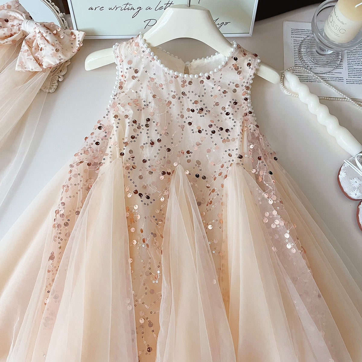 Summer New Korean Girls Beaded Sleeveless Dress Girls Sequined Mesh Princess Dress