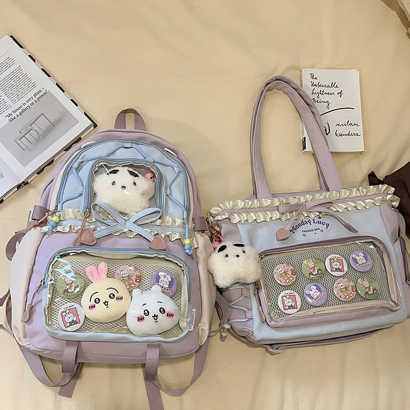 New Style Schoolbag Women's High Color Value Contrast College Style Junior Senior high school Student Backpack Ballet Style Pleated Lace Pain Bag