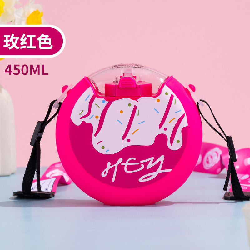 Cute Donut Water Cup Anti-Fall Silicone Straw Cup Children and Students Cross-Body Strap Plastic Cup Gift Kettle Wholesale
