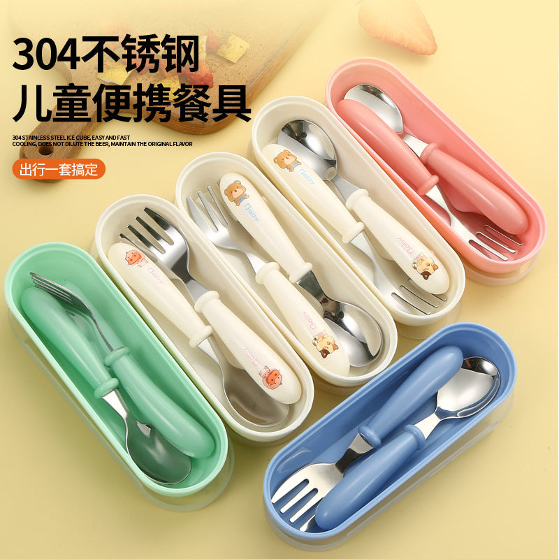 Cartoon 304 Stainless Steel Kidsren's Spoon and Fork Baby Eating Training Tableware Set Baby Portable Feeding Spoon
