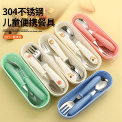 Cartoon 304 Stainless Steel Kidsren's Spoon and Fork Baby Eating Training Tableware Set Baby Portable Feeding Spoon