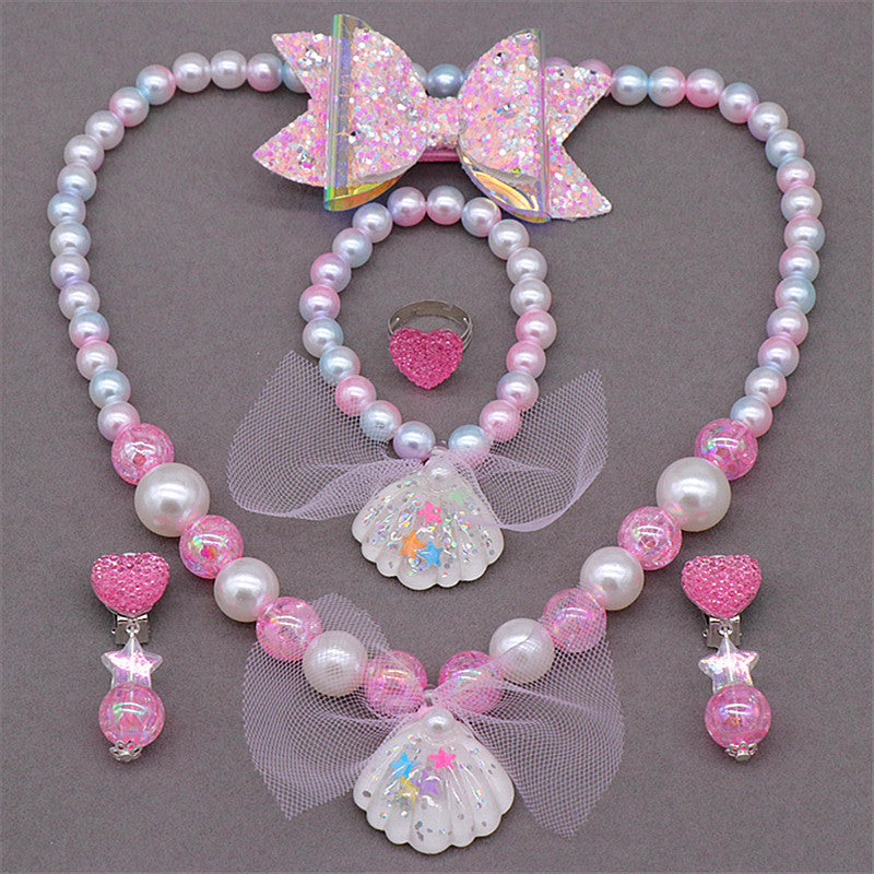 Children's Princess Necklace Bracelet Jewelry Set Mermaid Shell Imitation Pearl Necklace Little Girl Swimsuit Accessories