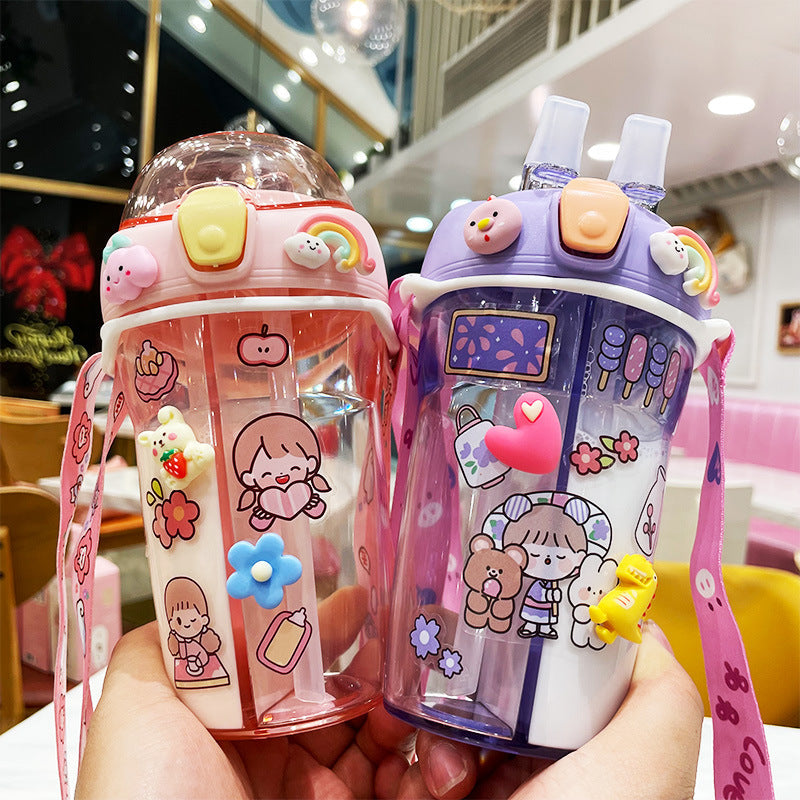 Creative Cute Double Drinking Cup ins Internet Popular Children's Portable Suction Tube Cup for Male and Female Students Separated Plastic Water Cup