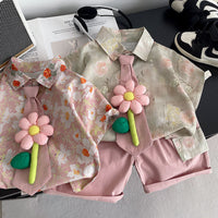 Free shipping for boys' stylish summer clothing, 1-2-3 years old, 5-year-old children's large floral tie shirt short-sleeve two-piece set