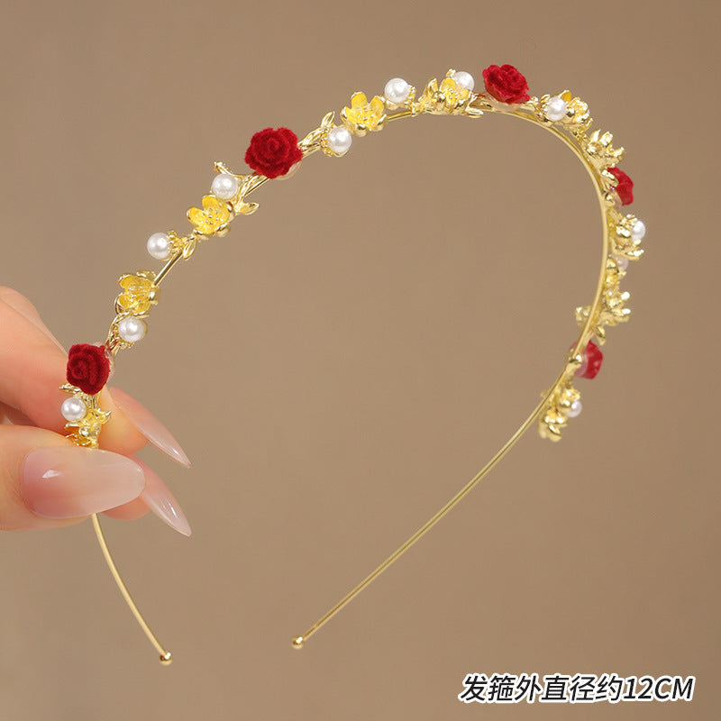 Light Luxury Rose Presspressed Hair Hoop Internet Popular Women's Mori Style Fairy Beauty Pearl Flower Thin Head Hoop Flocking Cheongsam Bridal Headwear