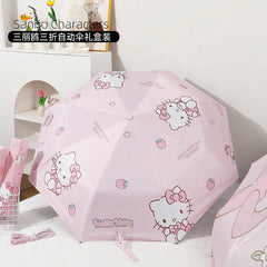 Sanrio official cute cartoon tri-fold automatic umbrella gift box, dual-use for sunny and rainy days, rainproof and sunshade, high-value and adorable.