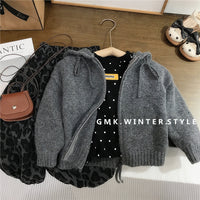 Girls' Spring and Autumn Hooded Sweater Cardigan Children's Stylish Polka Dot Base Shirt Little Girl's Leopard Print Casual Pants Foreign Trade