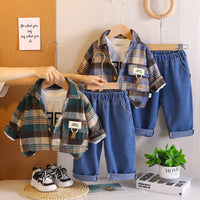 Boys' Spring and Autumn Outfit 2025 New Style Baby Plaid Shirt with Bear Pendant Three-Piece Set Infant Children's Casual Clothing