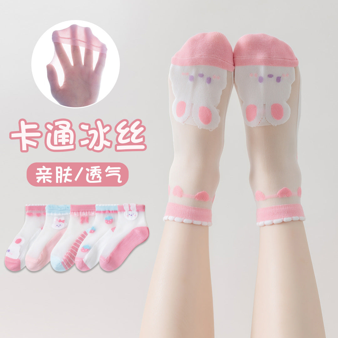 Children's Socks Spring and Summer Ice Silk Thin Mesh Socks for Boys and Girls Full Cartoon Cotton Boat Socks Baby Socks Wholesale