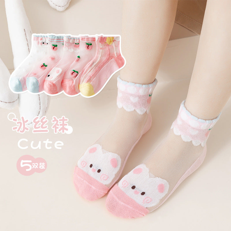 Children's Socks Spring and Summer Ice Silk Thin Mesh Socks for Boys and Girls Full Cartoon Cotton Boat Socks Baby Socks Wholesale