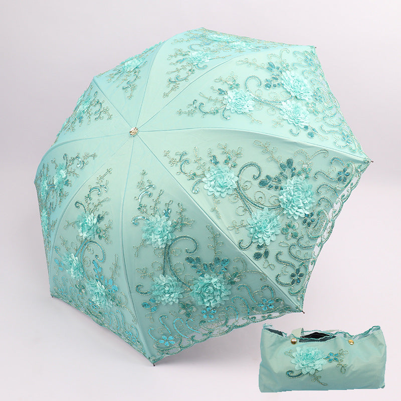 Lace embroidery umbrella goddess double-layer embroidery sun protection UV protection three-fold sun umbrella sunny and rainy dual-use factory direct sales