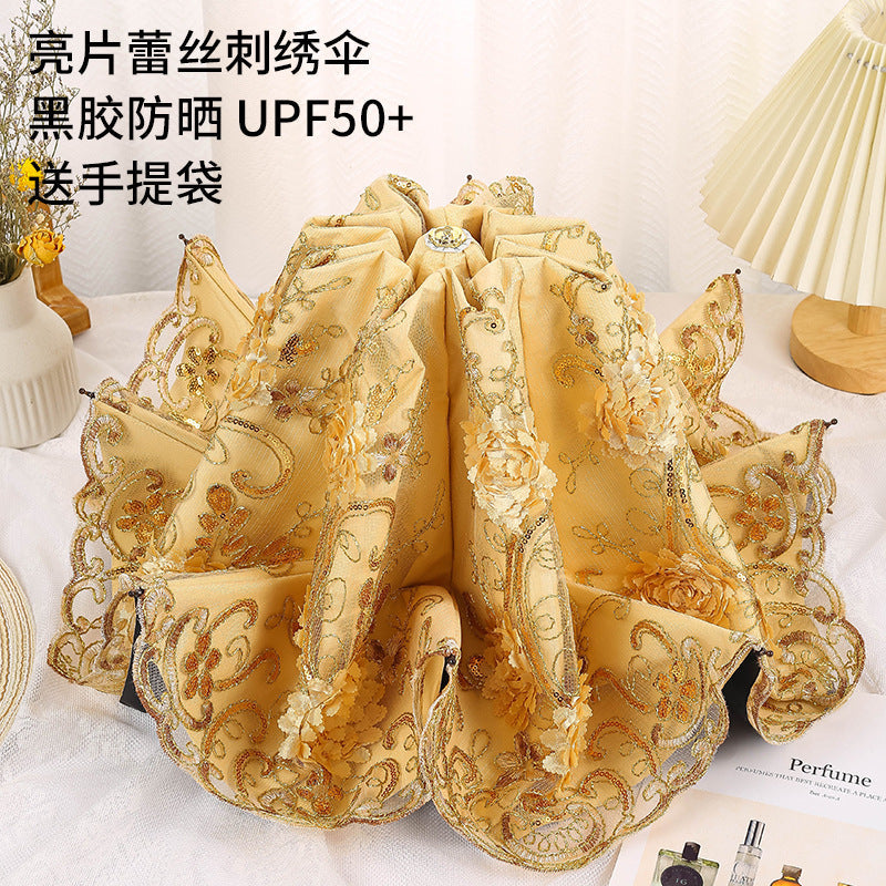 Lace embroidery umbrella goddess double-layer embroidery sun protection UV protection three-fold sun umbrella sunny and rainy dual-use factory direct sales