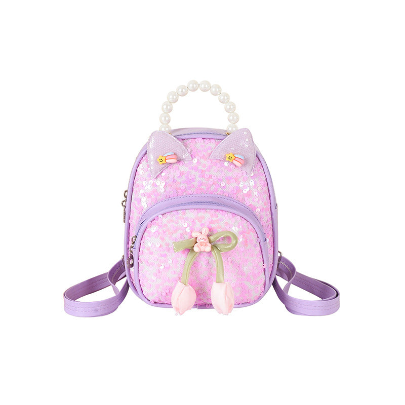 Children's Sequin Bag with Cartoon Bow, Stylish Princess Pu Accessory Bag, Snack Bag, Travel Backpack for Girls Aged 3-5 Years Old