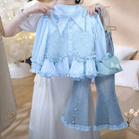 Girls' Casual Outfit Autumn New Korean Style Fashionable Faux Two-Piece Top and Jeans Set Wholesale
