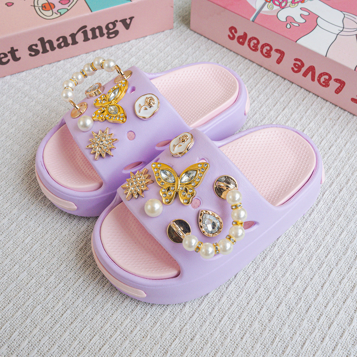 Eva Kidsren's Slippers Summer Outer Wear Pearl Gold Butterfly Sandals Girls Baby Beach Slippers