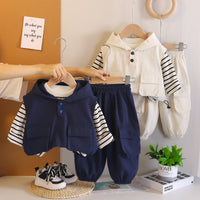 Children's Autumn Outfit 2026 New Style Boys' Stylish 0-5 Years Old Hooded Striped Workwear Vest Three-Piece Set Children's Clothing