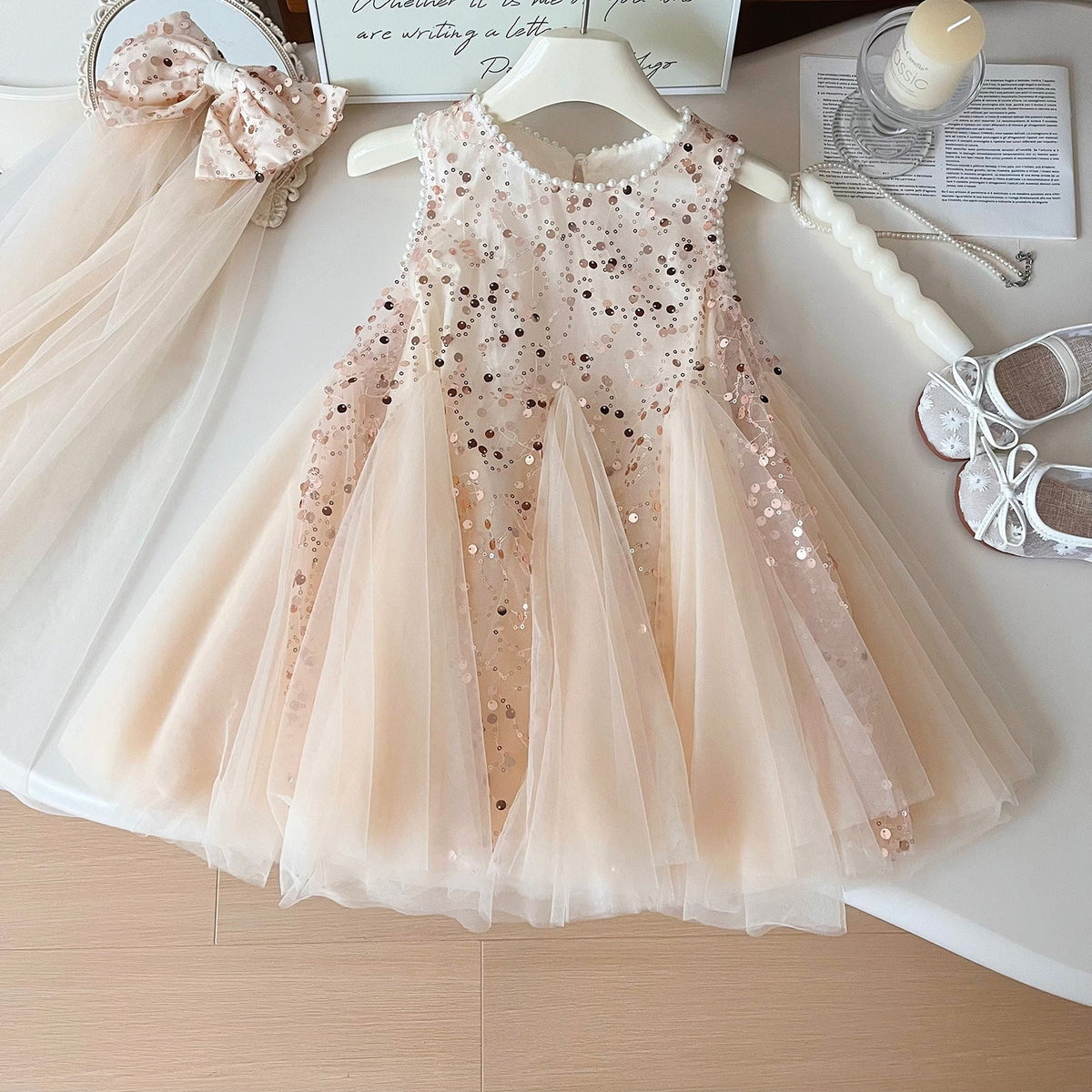 Summer New Korean Girls Beaded Sleeveless Dress Girls Sequined Mesh Princess Dress