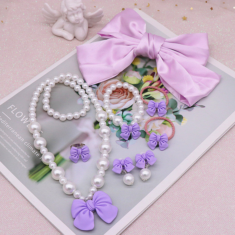 Children's Necklace Set, Cute Bow, Large Pearl Necklace, Bracelet, Ring, Earrings, a Set of Jewelry for Little Girls
