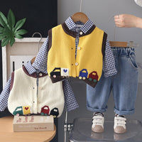Free Shipping for Boys' New Spring and Autumn Outfit, Korean Style Baby Boy Car-Pattern Cardigan Sweater, Plaid Shirt, Long-Sleeve Three-Piece Set
