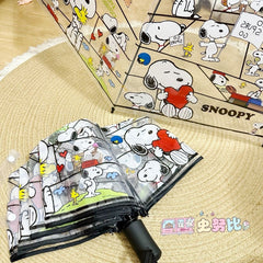 Transparent Snoopy Umbrella for Men, Three-Fold, Fully Automatic, Popular Straight Handle Umbrella, Cute Folding Umbrella for Children, Adults, and Women (Anime Style)