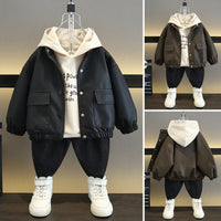 Children's Spring and Autumn Hooded Sweatshirt and Leather Jacket Two-Piece Set 2026 New Autumn Korean Style Handsome Boys' Casual Jacket