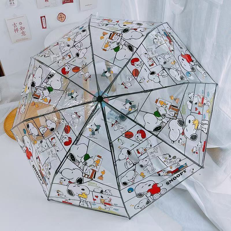 Transparent Snoopy Umbrella for Men, Three-Fold, Fully Automatic, Popular Straight Handle Umbrella, Cute Folding Umbrella for Children, Adults, and Women (Anime Style)