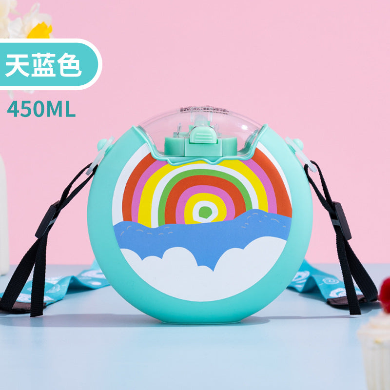 Cute Donut Water Cup Anti-Fall Silicone Straw Cup Children and Students Cross-Body Strap Plastic Cup Gift Kettle Wholesale