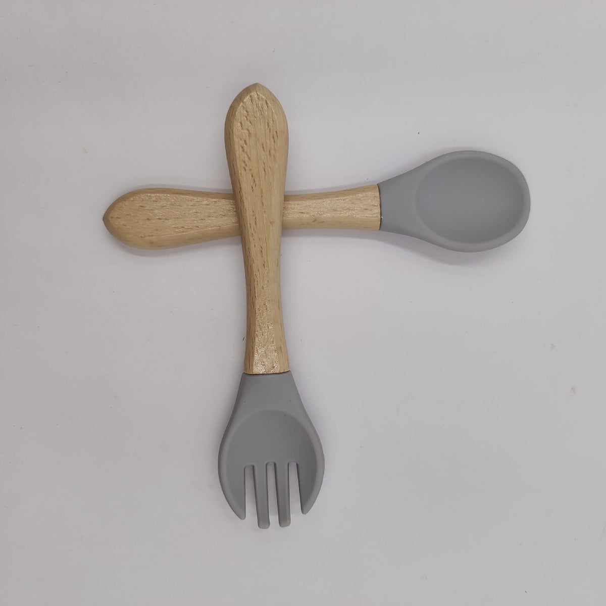 Manufacturer Aliexpress Cross-Border Ready-Stock Children's Eating Training Spoon Wooden Handle Fork Silicone Soft Spoon Silicone Wood Combination