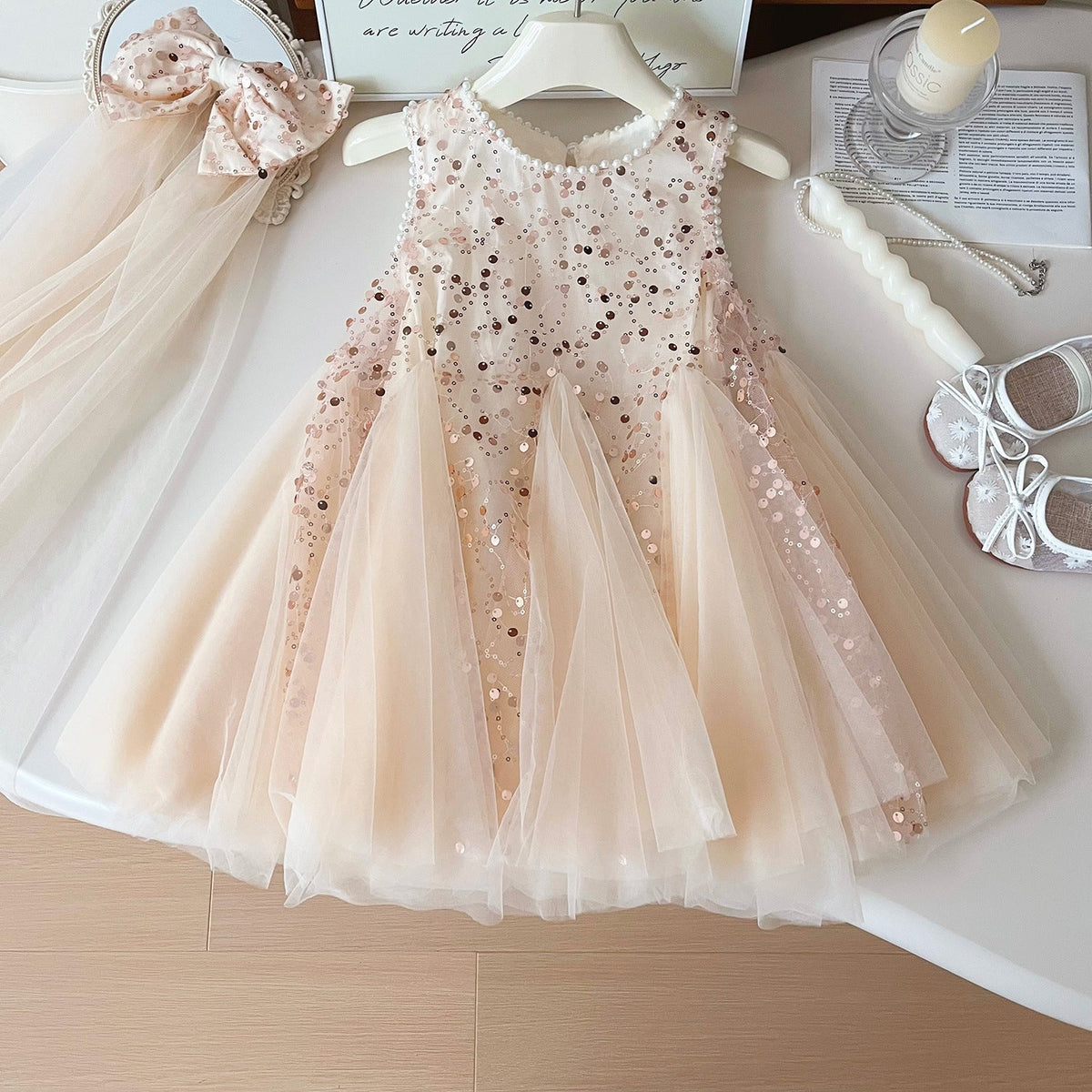 Summer New Korean Girls Beaded Sleeveless Dress Girls Sequined Mesh Princess Dress