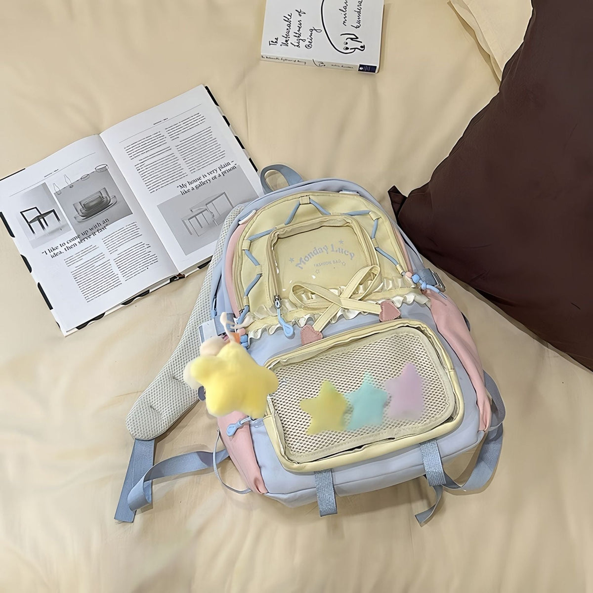 New Style Schoolbag Women's High Color Value Contrast College Style Junior Senior high school Student Backpack Ballet Style Pleated Lace Pain Bag