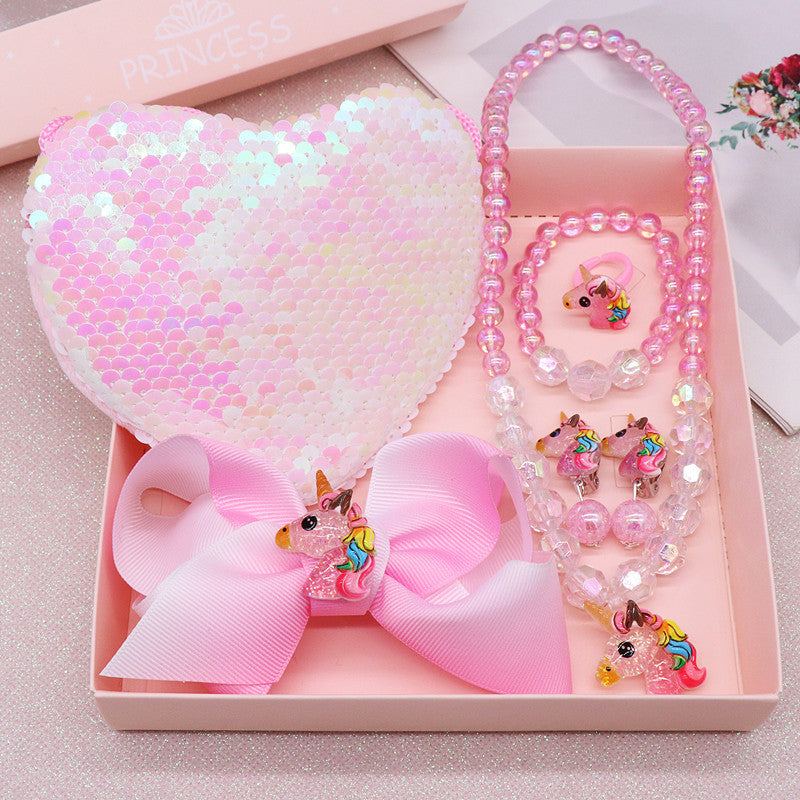 Children's fishtail necklace bracelet cross-border jewelry set pearl necklace cartoon fishtail bag gift box wholesale
