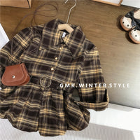 Korean Style Girls' Autumn New Retro Melard Plaid Lapel Long-Sleeve Shirt with Floral Shorts for Baby Girls Foreign Trade