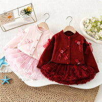 New Autumn and Winter Style Girls' Knitted Sweater Cardigan, Korean Style Fashionable Bow Cardigan, Puffy Skirt, Princess Skirt for Baby Girls