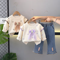 2025 Spring and Autumn Clothing Set Full Printed Bow Sweatshirt Baby Girl Jeans Long Sleeve Two-Piece Set Baby Girl