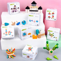 Montessori tin box toys for children aged 2-6, educational building blocks, Rubik's Cubes, spinning tops, wooden puzzles