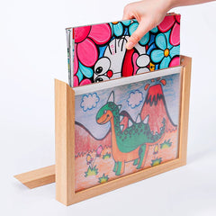 Quick-release picture frame for storage and display of children's paintings; magnetic mounting