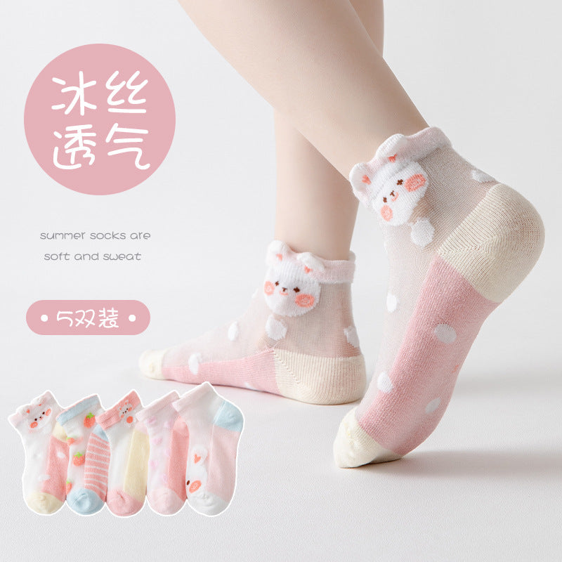 Children's Socks Spring and Summer Ice Silk Thin Mesh Socks for Boys and Girls Full Cartoon Cotton Boat Socks Baby Socks Wholesale