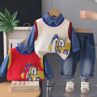 2026 New Boys' Autumn Outfit Set, Children's Stylish Spring and Autumn Excavator Sweater Three-Piece Set, Trendy Baby Clothes