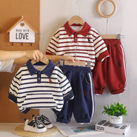 Boys' Striped Polo Set Spring and Autumn New Style Toddler Embroidered Turn-down Collar Sweatshirt and Pants Casual Two-piece Set Children's Clothing Wholesale