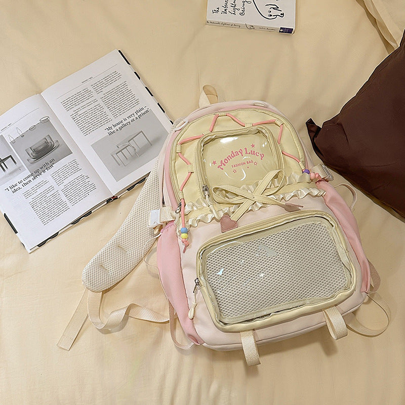 New Style Schoolbag Women's High Color Value Contrast College Style Junior Senior high school Student Backpack Ballet Style Pleated Lace Pain Bag