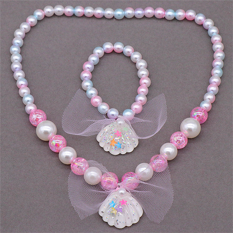 Children's Princess Necklace Bracelet Jewelry Set Mermaid Shell Imitation Pearl Necklace Little Girl Swimsuit Accessories