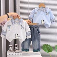 Free Shipping Yikids Boys' Spring Clothing New Style Puppy Lapel Long-Sleeved Sweatshirt and Jeans Set Baby Fashionable Children's Clothing